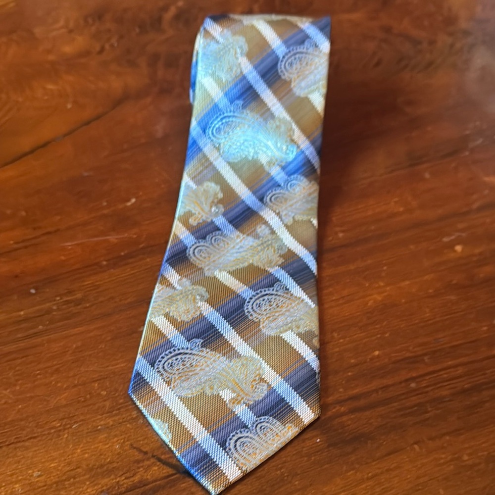 Plaid Silk Tie in Blue and Gold